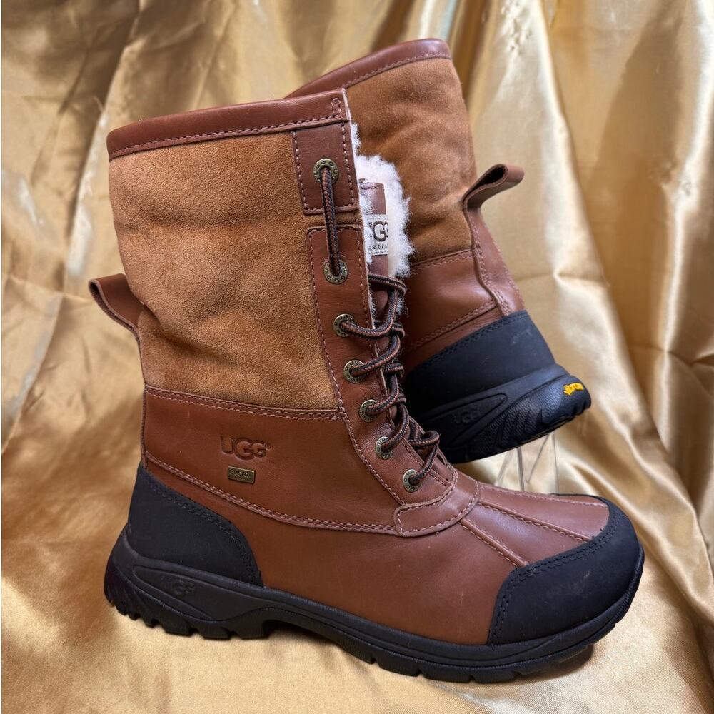 UGG Vibram Event Waterproof Leather Sheepskin Boots Mens 8 EU 40.5 Brown Black